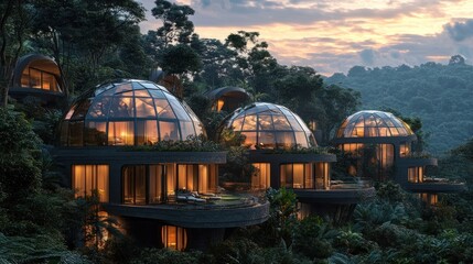 Fototapeta premium Luxury Geodesic Domes nestled in Lush Rainforest at Sunset
