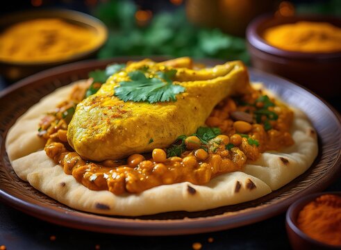 Close-up of rfissa ingredients showing chicken with turmeric sauce and spiced lentils layered over msemen bread