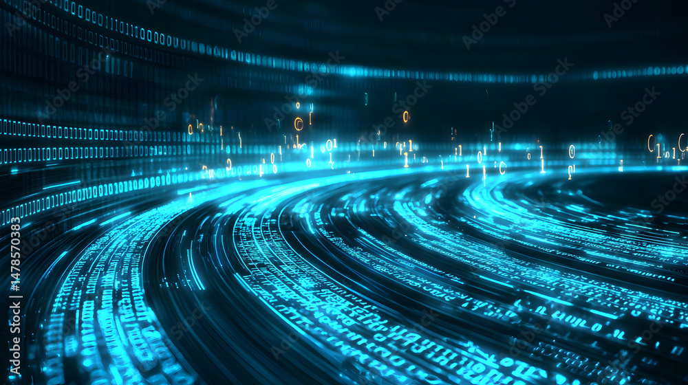 Poster streaming binary data digital environment abstract art glowing visuals futuristic perspective data r