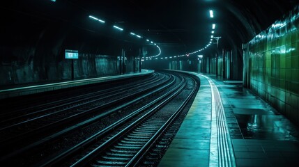 Underground subway platform at night