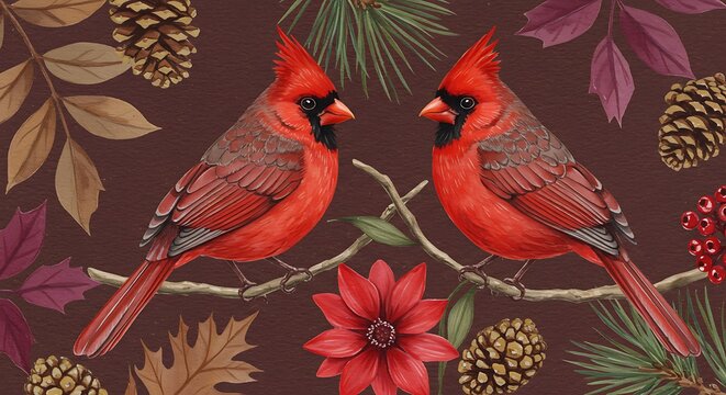 Crimson Companions: A Botanical Illustration of Autumn Birds - Powered by Adobe