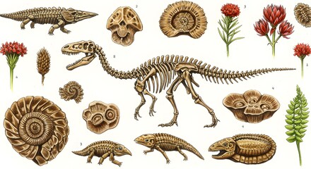 Obraz premium A Prehistoric World: Exquisitely Illustrated Fossils and Flora of the Paleozoic Era