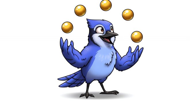 Blue jay juggling golden balls cartoon illustration