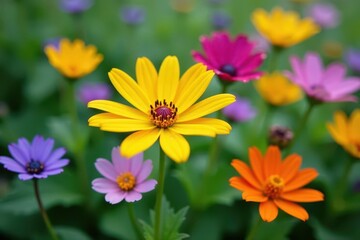 Fototapeta premium Close-up of diverse colorful wildflowers, dew drops, Massachusetts , August, orange