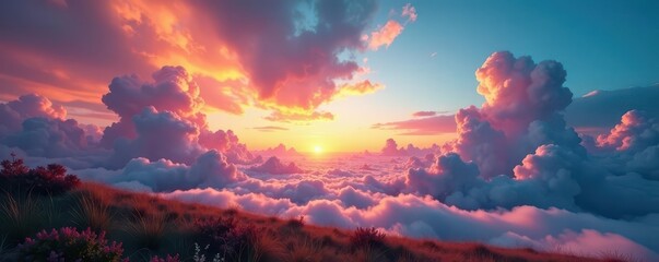 Dramatic cloudscape across a wide landscape, vibrant colors, landscape, light, sky