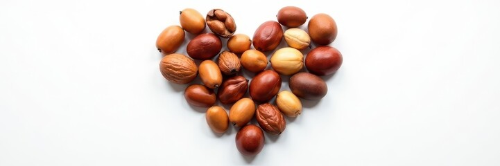 Obraz premium Heart-shaped arrangement of various nuts on white , walnuts, ingredients, design