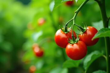 Red tomatoes ripening on lush green vines, UK garden , crop, garden