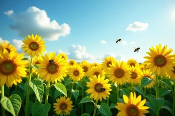 Obraz premium Sun-drenched French field, vibrant yellow sunflowers, busy bees, blue sky , field, daytime, image