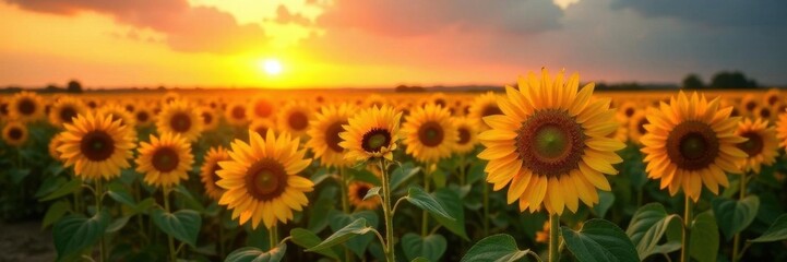 Obraz premium Vibrant sunflowers fill a vast field at sunset , sky, backdrop, rural