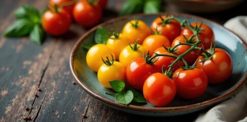 Vibrant yellow, red, orange cherry tomatoes arranged on rustic plate, antioxidants, colored tomatoes