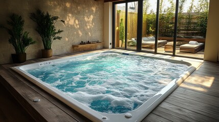 Luxury Indoor Spa with Hot Tub and Garden View