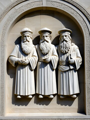 Triumvirate: Bas-Relief Sculpture Featuring Three Bearded Figures in Caps
