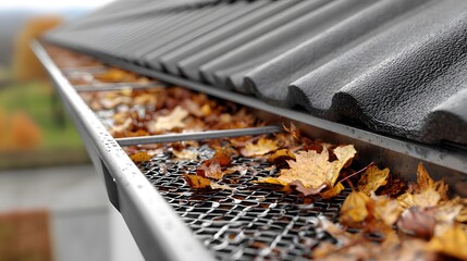 Roof gutter system cross-section with leaf guard and water flow