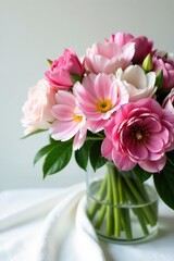 Obraz premium Fresh pink and white flower bouquet, elegantly displayed on white linen , home decor, decor