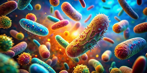 Naklejka premium Microscopic World: Artistic Bacterial Forms in Vibrant Hues