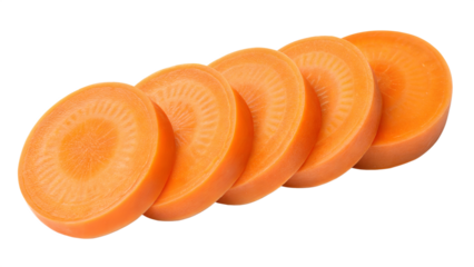 Four perfectly round slices of fresh orange carrot, isolated on a transparent background