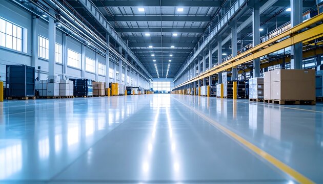 Vast Industrial Warehouse Interior: Modern Manufacturing Facility with Clean Lines and High Ceilings