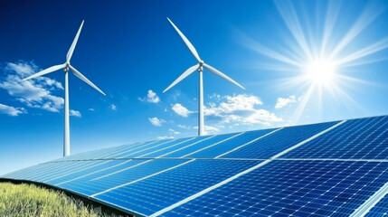 Solar panels and wind turbines generating electricity is solar energy
