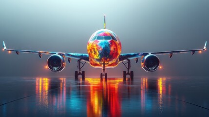 Fototapeta premium Vibrant, colorful jetliner on tarmac