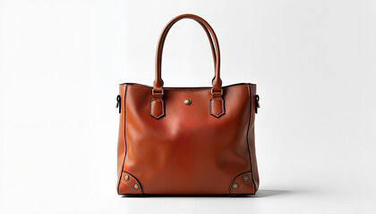 Brown leather handbag on white background
