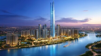 Naklejka premium Stunning skyline view of a modern city at dusk, featuring a tall skyscraper by a river