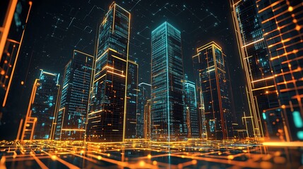 Obraz premium Virtual reality metaverse city, digital skyscrapers glowing with ai powered information grids, futuristic online business hub concept in modern digital art style