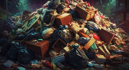 Digital Painting: Overwhelming Pile of Household Waste in a Dark Room