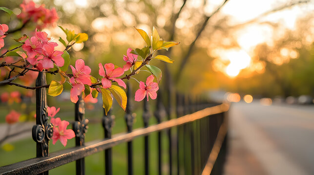 Pink Flowers Blooming Against Metal Fence At Sunset - Powered by Adobe