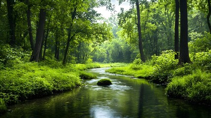 Obraz premium Captivating image of a calm river winding through a dense verdant forest its serene waters perfectly reflecting the beauty and serenity of the untouched natural landscape This scenic