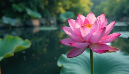 Obraz premium Pink lotus flower in full bloom, serene water background , spa, calmness, pink