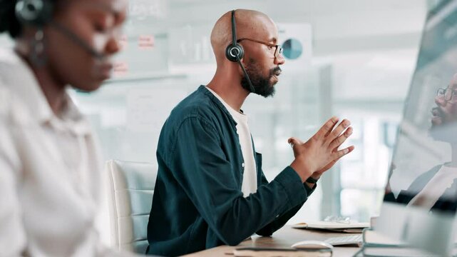 Call center, computer and black man consulting with microphone for customer service, online advice and help. Client support, consultant and headset by desk for outbound query, contact us and helpdesk