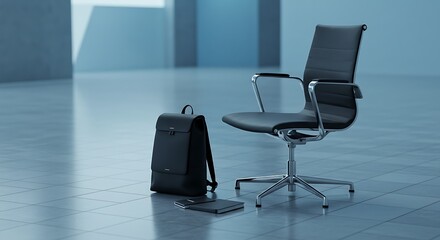 Office Chair and Backpack with Notebook in Modern Empty Room
