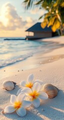 Tropical beach sunset flowers shells.