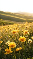 Obraz premium Golden Daisies Bloom in Meadow at Sunset, Eye-Level View of Flower Field in California, Springtime