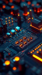 Obraz premium Close-up of intricate circuit board with glowing components showcases technology