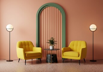 Living room interior with yellow armchairs and decorative archway