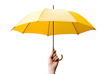  A hand holding a yellow umbrella, isolated on a transparent background. This is a PNG file of a hand holding the handle of the umbrella. 