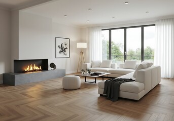 Fototapeta premium Bright living room with fireplace, white sofa and herringbone wood floor