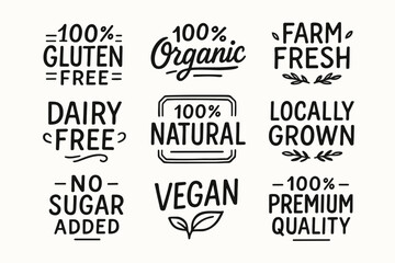 Fototapeta premium Hand drawn gluten-free, vegan, organic and eco friendly product labels and dietary badges vector set