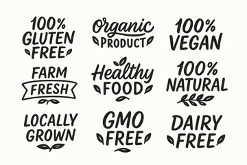 Fototapeta premium Hand drawn gluten-free, vegan, organic and eco friendly product labels and dietary badges vector set
