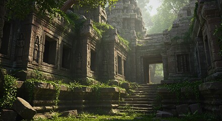Exploring Ancient Ruins with Stone Carvings and Lush Greenery