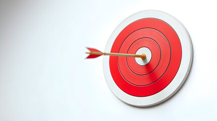 Arrow hitting center of target on white background symbolizing success