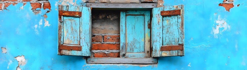 Aged turquoise shutters on a weathered building.