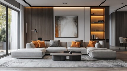 Modern Living Room Interior Design: Elegant Sectional Sofa, Warm Lighting, and Stylish Decor