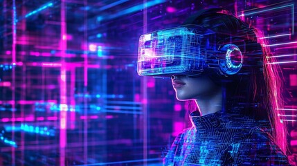 Woman in a futuristic vr experience, glitchy cyberpunk aesthetics surrounding her, digital matrix of neon blue and purple holograms in modern digital art style