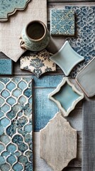 Blue Tones Tile and Fabric Samples Arranged on Wood Surface Flat Lay for Interior Design Inspiration