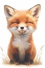 Fototapeta premium Adorable fox kit, eyes closed, smiling serenely amidst tall grass