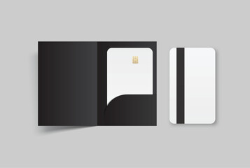 3D Realistic plastic credit card and pocket folder, open leaflet, bifold mockup isolated on background. Blank template design for online business and finance, technology payment, digital pay concept.
