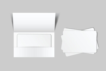 3D Realistic Card and Pocket folder, open leaflet, bifold mockup isolated on background. Blank paper template for presentation gift card, credit card, key Card, notecards, postcard, invitation
