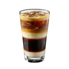 Layered iced coffee drink in glass Stack of layered pastries on white background